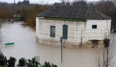Un edificio inundado cerca del Puente Romano de Córdoba durante las fuertes lluvias de la tormenta Marta.
