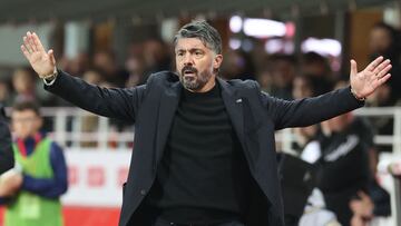 (FILES) Marseillle's Italian head coach Gennaro Gattuso reacts during the French L1 football match between Stade Brestois 29 (Brest) and Olympique de Marseille (OM) at the Francis-Le Ble stadium in Brest, western France, on February 18, 2024. Former Italy international Gennaro Gattuso has been appointed Italy coach to replace Luciano Spalletti, who was sacked after the Nazionale's 3-0 rout of Norway on 6 June, the Italian Football Federation (FIGC) announced on June 15, 2025. (Photo by FRED TANNEAU / AFP)