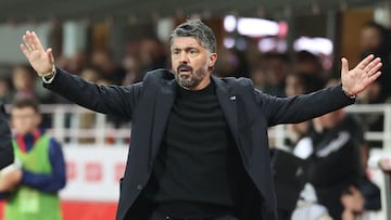 (FILES) Marseillle's Italian head coach Gennaro Gattuso reacts during the French L1 football match between Stade Brestois 29 (Brest) and Olympique de Marseille (OM) at the Francis-Le Ble stadium in Brest, western France, on February 18, 2024. Former Italy international Gennaro Gattuso has been appointed Italy coach to replace Luciano Spalletti, who was sacked after the Nazionale's 3-0 rout of Norway on 6 June, the Italian Football Federation (FIGC) announced on June 15, 2025. (Photo by FRED TANNEAU / AFP)