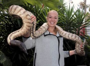 La jugadora de tenis Sabine Lisicki sostiene una serpiente pitón durante un evento publicitario para el próximo Abierto de Australia de tenis en Melbourne Park