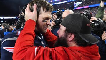 Jan 21, 2018; Foxborough, MA, USA; New England Patriots quarterback Tom Brady (12) greets defensive coordinator Matt Patricia after defeating the Jacksonville Jaguars in the AFC Championship Game at Gillette Stadium. Mandatory Credit: Robert Deutsch-USA TODAY Sports