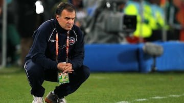 JOHANNESBURG, SOUTH AFRICA - JUNE 28:  Marcelo Bielsa head coach of Chile looks on during the 2010 FIFA World Cup South Africa Round of Sixteen match between Brazil and Chile at Ellis Park Stadium on June 28, 2010 in Johannesburg, South Africa.  (Photo by