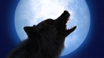 Lobo negro con los ojos rojos y la luna recortando su silueta.