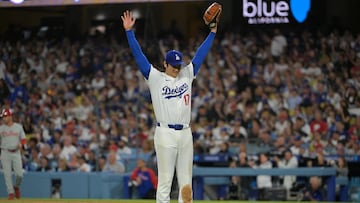 Sep 16, 2025; Los Angeles, California, USA; Los Angeles Dodgers starting pitcher Shohei Ohtani (17) reacts after left fielder Alex Call (12) caught a ball at the wall off Philadelphia Phillies left fielder Max Kepler (17) in the fifth inning at Dodger Stadium. Mandatory Credit: Jayne Kamin-Oncea-Imagn Images