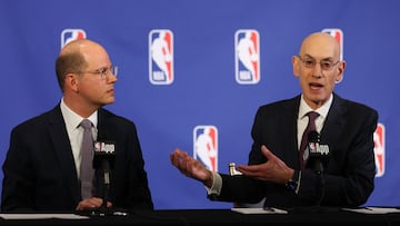 FIBA Secretary General Andreas Zagklis (L) and NBA commissioner Adam Silver (R) speak during a press conference to announce the NBA's ongoing quest to further align with FIBA and expand its role in European basketball, in New York, on March 27, 2025.