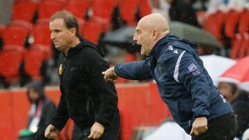 PALMA DE MALLORCA, 26/10/2025.- Los entrenadores del Mallorca, Jagoba Arrasate (i), y del Levante, Julián Calero (2d), durante los primeros minutos del partido de la décima jornada de Laliga disputado entre el RCD Mallorca y la UD Levante, este domingo en el estado de Son Moix, en Palma. EFE/Cati Cladera