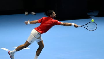 Tennis - Six Kings Slam - ANB Arena, Riyadh, Saudi Arabia - October 16, 2025 Serbia's Novak Djokovic in action during his semi final match against Italy's Jannik Sinner REUTERS/Stringer