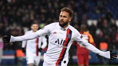 (FILES) In this file photo taken on December 11, 2019 Paris Saint-Germain&#039;s Brazilian forward Neymar celebrates scoring his team&#039;s third goal during the UEFA Champions League Group A football match between Paris Saint-Germain (PSG) and Galatasar