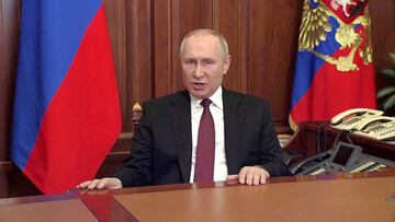 FILE PHOTO: Russian President Vladimir Putin speaks about authorising a special military operation in Ukraine&#039;s Donbass region during a special televised address on Russian state TV, in Moscow, Russia, February 24, 2022, in this still image taken fro