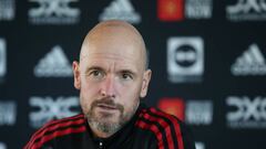 MANCHESTER, ENGLAND - OCTOBER 18: (EXCLUSIVE COVERAGE) Manager Erik ten Hag of Manchester United speaks during a press conference at Carrington Training Ground on October 18, 2022 in Manchester, England. (Photo by John Peters/Manchester United via Getty Images)