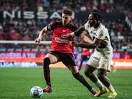 Rafael Fernandez (L) of Tijuana fights for the ball with Alvaro Angulo (R) of Pumas during the 8th round match between Tijuana and Pumas UNAM as part of the Liga BBVA MX Varonil, Torneo Clausura 2026 at Caliente Stadium, on February 27, 2026 in Tijuana, Baja California, Mexico.