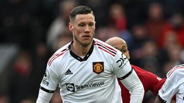 Manchester United's Dutch striker Wout Weghorst controls the ball during the English Premier League football match between Liverpool and Manchester United at Anfield in Liverpool, north west England on March 5, 2023. (Photo by Paul ELLIS / AFP) / RESTRICTED TO EDITORIAL USE. No use with unauthorized audio, video, data, fixture lists, club/league logos or 'live' services. Online in-match use limited to 120 images. An additional 40 images may be used in extra time. No video emulation. Social media in-match use limited to 120 images. An additional 40 images may be used in extra time. No use in betting publications, games or single club/league/player publications. / 