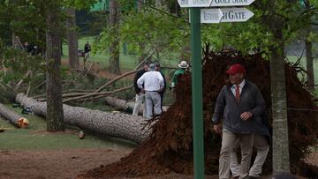 High winds and lightning have halted play at Augusta as two trees are blown down near the crowd on the 17th. Early reports are of no injuries.
