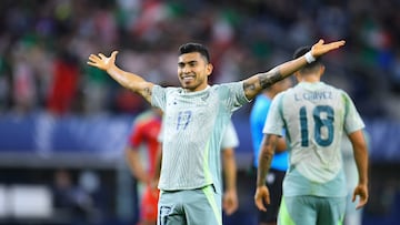   Orbelin Pineda celebrates his goal 0-3 of Mexico during the Semifinals match between Panama and Mexico (Mexican National Team) as part of the 2024 Concacaf Nations League, at AT-T Stadium, Arlington, Texas, on March 21, 2024.