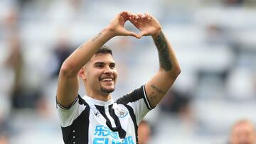 Newcastle United&#039;s Brazilian midfielder Bruno Guimaraes celebrates on the pitch after the English Premier League football match between Newcastle United and Leicester City at St James&#039; Park in Newcastle-upon-Tyne, north east England on April 17,