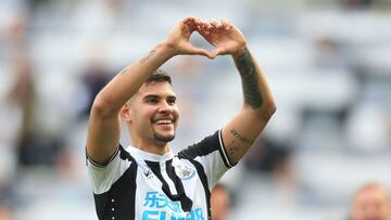 Newcastle United's Brazilian midfielder Bruno Guimaraes celebrates on the pitch after the English Premier League football match between Newcastle United and Leicester City at St James' Park in Newcastle-upon-Tyne, north east England on April 17,