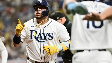 ST PETERSBURG, FLORIDA - JULY 09: Isaac Paredes #17 of the Tampa Bay Rays reacts after hitting a three-run home run in the first inning against the New York Yankees at Tropicana Field on July 09, 2024 in St Petersburg, Florida.   Julio Aguilar/Getty Images/AFP (Photo by Julio Aguilar / GETTY IMAGES NORTH AMERICA / Getty Images via AFP)