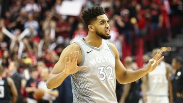 Apr 15, 2018; Houston, TX, USA; Minnesota Timberwolves center Karl-Anthony Towns (32) reacts after the end of game one of the first round of the 2018 NBA Playoffs against the Houston Rockets at Toyota Center. Mandatory Credit: Troy Taormina-USA TODAY Sports