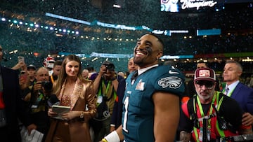 Feb 9, 2025; New Orleans, LA, USA; Philadelphia Eagles quarterback Jalen Hurts (1) celebrates after defeating the Kansas City Chiefs in Super Bowl LIX at Ceasars Superdome. Mandatory Credit: Mark J. Rebilas-Imagn Images TPX IMAGES OF THE DAY