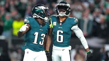 PHILADELPHIA, PENNSYLVANIA - NOVEMBER 05: DeVonta Smith #6 of the Philadelphia Eagles celebrates after a touchdown with Olamide Zaccheaus #13 during the third quarter in the game against the Dallas Cowboys at Lincoln Financial Field on November 05, 2023 in Philadelphia, Pennsylvania. Mitchell Leff/Getty Images/AFP (Photo by Mitchell Leff / GETTY IMAGES NORTH AMERICA / Getty Images via AFP)