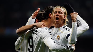 MADRID, SPAIN - MARCH 10:  Cristiano Ronaldo (L) of Real Madrid celebrates with his teammate Guti (R) after scoring during the UEFA Champions League round of sixteen, second leg match between Real Madrid and Lyon at Estadio Santiago Bernabeu on March 10, 2010 in Madrid, Spain.  (Photo by Elisa Estrada/Real Madrid via Getty Images)