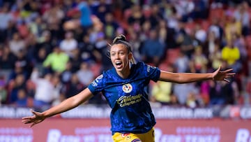 Priscila Flor Da Silva celebrates her goal 0-1 of America during the 13th round match between Tijuana and America as part of the Liga BBVA MX Femenil, Torneo Apertura 2024 at Caliente Stadium on September 29, 2024 in Tijuana, Baja California, Mexico.