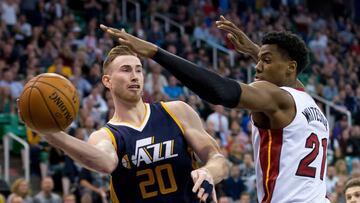 Dec 1, 2016; Salt Lake City, UT, USA; Miami Heat center Hassan Whiteside (21) defends against Utah Jazz forward Gordon Hayward (20) during the second half at Vivint Smart Home Arena. Miami won 111-110. Mandatory Credit: Russ Isabella-USA TODAY Sports