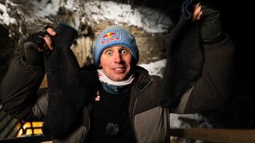 A close up of Jaan and his magical sliding socks during his Project "Frozen Waterfall" in Estonia, on February 12th, 2024 // Roman Neimann / Red Bull Content Pool // SI202402170143 // Usage for editorial use only // 