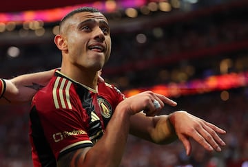 (FILES) Giorgos Giakoumakis #7 of Atlanta United reacts after scoring a goal against the Chicago Fire during the first half at Mercedes-Benz Stadium on March 31, 2024, in Atlanta, Georgia. Giorgos Giakoumakis, a 29-year-old striker, will be the first Greek player to participate in the first division of Mexican football after Cruz Azul announced his signing on June 16, 2024, for the Apertura-2024 tournament, which will begin in July. (Photo by Kevin C. COX / GETTY IMAGES NORTH AMERICA / AFP)