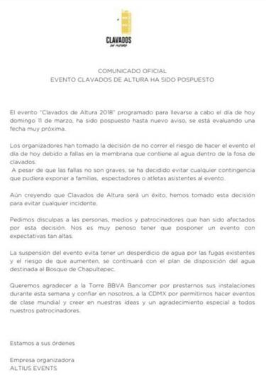 Se pospone evento de clavados de altura en Reforma