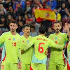 Soccer Football - Nations League - League A - Group 4 - Switzerland v Spain - Stade de Geneve, Geneva, Switzerland - September 8, 2024 Spain's Joselu with teammates celebrate after the match REUTERS/Denis Balibouse