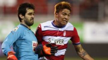 El portero del Eibar, Asier Riesgo (i), y el delantero venezolano del Granada, Adalverto Peñaranda (d), durante el partido de la vigésima jornada de la Liga en Primera División que se disputa esta noche en el estadio de Ipurúa, en Eibar (Guipúzcoa).
