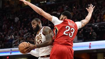 Mar 30, 2018; Cleveland, OH, USA; Cleveland Cavaliers forward LeBron James (23) drives to the basket against New Orleans Pelicans forward Anthony Davis (23) during the second half at Quicken Loans Arena. Mandatory Credit: Ken Blaze-USA TODAY Sports