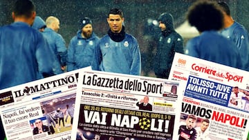 Cristiano Ronaldo en el entrenamiento de ayer en el estadio de San Paolo (N&aacute;poles). En la parte inferior de la imagen, portadas de la prensa italia del martes, 7 de marzo de 2017.