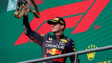 Max Verstappen of Holland driving the (1) Oracle Red Bull Racing RB18 Red Bull RBPTH001 on the podium during the F1 Rolex Belgian Grand Prix 2022 on August 28th, 2022 in Spa-Francorchamps, Belgium. (Photo by Alessio Morgese/NurPhoto via Getty Images)