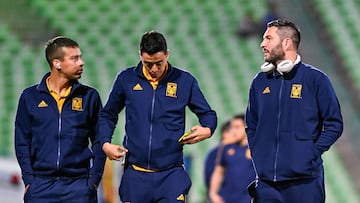 Eduardo Tercero and Andre-Pierre Gignac of Tigres during the 6th round match between Santos and Tigres UANL as part of the Torneo Clausura 2024 Liga BBVA MX at TSM -Corona- Stadium on February 10, 2024 in Torreon, Coahuila, Mexico.