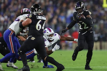 Derrick Henry #22 of the Baltimore Ravens rushes with the ball during the fourth quarter against the Buffalo Bills at M&T Bank Stadium 