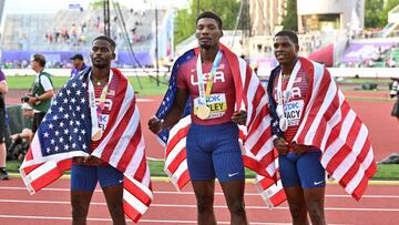 (L to R) Bronze medalist Trayvon Bromell of United States, gold medalist Fred Kerley of United States and silver medalist Marvin Bracy of United States pose after the 100 Meter final during the 18th edition of the World Athletics Championships at Hayward Field in Eugene, Oregon.