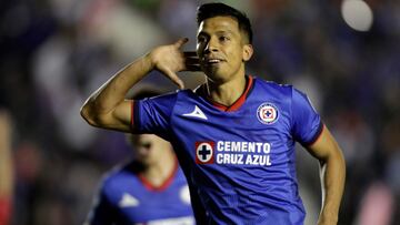 Cruz Azul's Angel Sepulveda celebrates after scoring against Tijuana during the Mexican Clausura 2024 tournament football match at the Azteca stadium in Mexico City on January 30, 2024. (Photo by LUIS CORTES / AFP)