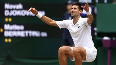LONDON, ENGLAND - JULY 11: Novak Djokovic of Serbia celebrates winning match point during his men's Singles Final match against Matteo Berrettini of Italy on Day Thirteen of The Championships - Wimbledon 2021 at All England Lawn Tennis and Croquet Club on