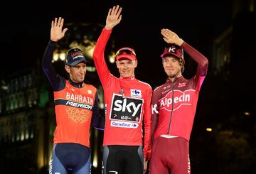 Chris Froome celebra su victoria en Madrid junto a Vincenzo Nibali y Ilnur Zakarin