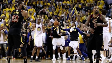 OAKLAND, CA - MAY 31: LeBron James #23 and JR Smith #5 of the Cleveland Cavaliers react as time expries in regulation against the Golden State Warriors in Game 1 of the 2018 NBA Finals at ORACLE Arena on May 31, 2018 in Oakland, California. NOTE TO USER: