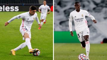 Fede Valverde y Ferland Mendy, jugadores del Real Madrid, en partidos de la UEFA Champions League.