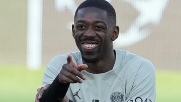 GRAFCAT2918. BARCELONA, 15/04/2024.- El delantero del PSG Ousmane Dembélé durante el entrenamiento que su equipo ha realizado en el Estadio Olímpico Lluís Companys donde mañana se enfrentará al FC Barcelona en el partido de vuelta de los cuartos de final de la Liga de Campeones. EFE/Alejandro García