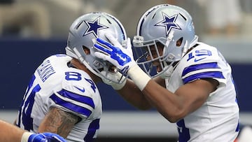 ARLINGTON, TX - OCTOBER 01: James Hanna #84 and Brice Butler #19 of the Dallas Cowboys celebrate Hanna&#039;s touchdown in the second half of a game against the Los Angeles Rams at AT&amp;T Stadium on October 1, 2017 in Arlington, Texas.   Ronald Martinez/Getty Images/AFP
 == FOR NEWSPAPERS, INTERNET, TELCOS &amp; TELEVISION USE ONLY ==