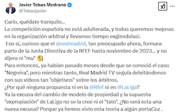 Respuesta de Javier Tebas, en X.