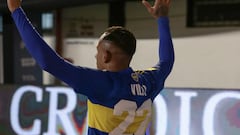 Boca Juniors' Colombian forward Sebastian Villa celebrates after scoring a goal against Barracas Central during their Argentine Professional Football League Tournament 2022 match at Islas Malvinas stadium in Buenos Aires, on June 19, 2022. (Photo by ALEJANDRO PAGNI / AFP)