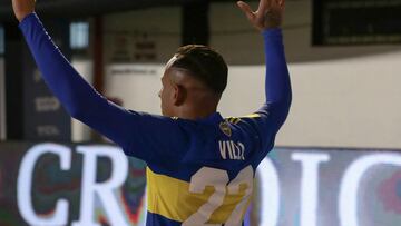 Boca Juniors' Colombian forward Sebastian Villa celebrates after scoring a goal against Barracas Central during their Argentine Professional Football League Tournament 2022 match at Islas Malvinas stadium in Buenos Aires, on June 19, 2022. (Photo by ALEJANDRO PAGNI / AFP)