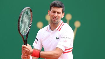MONTE-CARLO, MONACO - APRIL 15: Novak Djokovic of Serbia reacts during his quarterfinal match against Daniel Evans of Great Britain  during day five of the Rolex Monte-Carlo Masters at Monte-Carlo Country Club on April 15, 2021 in Monte-Carlo, Monaco. (Photo by Alexander Hassenstein/Getty Images)