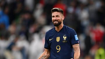 AL KHOR, QATAR - DECEMBER 10: Olivier Giroud of France celebrates the team's 2-1 victory in the FIFA World Cup Qatar 2022 quarter final match between England and France at Al Bayt Stadium on December 10, 2022 in Al Khor, Qatar. (Photo by Michael Regan - FIFA/FIFA via Getty Images)